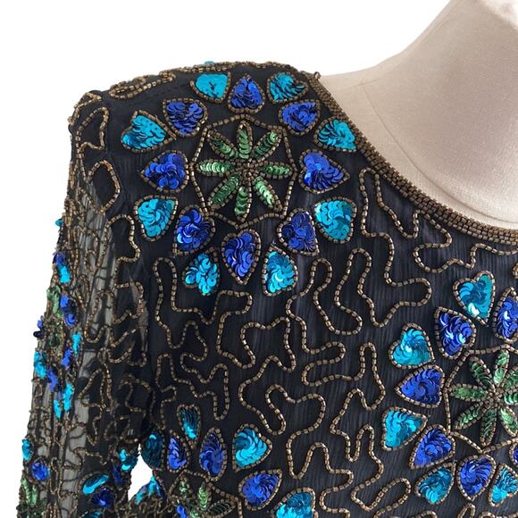 VINTAGE STENAY Top Womens Sz Medium Black Silk Sequin Beaded Holiday Glam - Picture 2 of 5